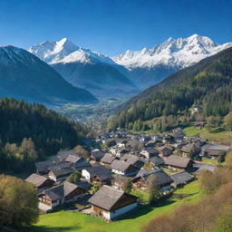 A picturesque village nestled in the midst of a dense green forest, with snow-capped mountains visible in the background under a serene blue sky.