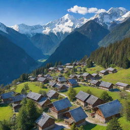 A picturesque village nestled in the midst of a dense green forest, with snow-capped mountains visible in the background under a serene blue sky.