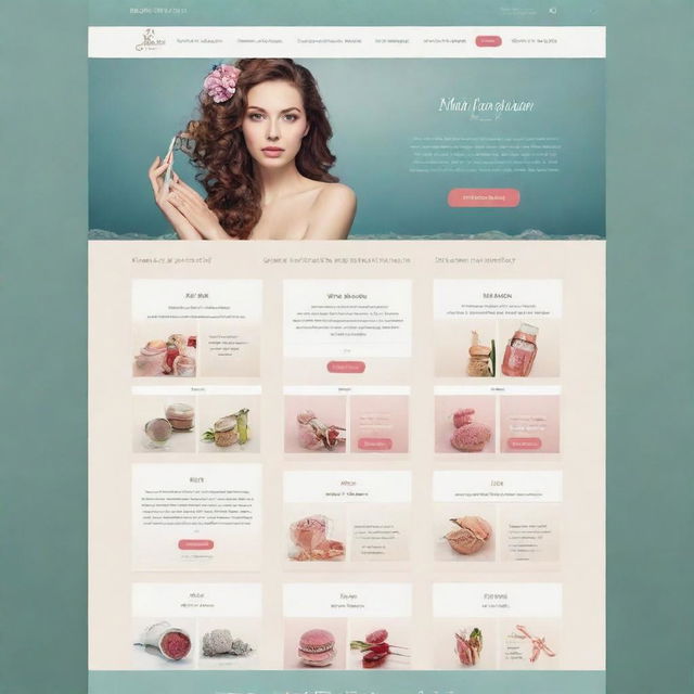 Design a captivating English homepage GUI for an online cosmetics shop, fishing 3 main menus and 4 sub-menus each. Let them radiate a sense of creativity, using different shades of the same color and captivating types