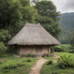 A simple yet cozy hut nestled in a serene natural landscape. The worn-out timber, thatched roof, and earthen hues evoke a sense of rustic charm.