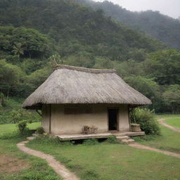 A simple yet cozy hut nestled in a serene natural landscape. The worn-out timber, thatched roof, and earthen hues evoke a sense of rustic charm.