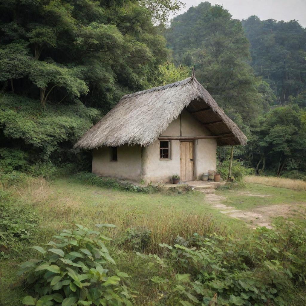 A simple yet cozy hut nestled in a serene natural landscape. The worn-out timber, thatched roof, and earthen hues evoke a sense of rustic charm.