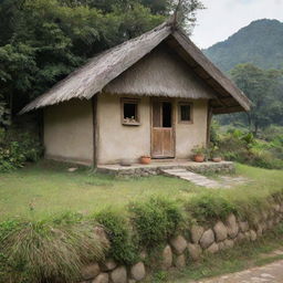 A simple yet cozy hut nestled in a serene natural landscape. The worn-out timber, thatched roof, and earthen hues evoke a sense of rustic charm.