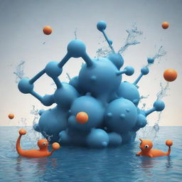 Create an image of a whimsical scene where creatures representing carbon molecules are seen triumphing over creatures that symbolize H2O. Let the dynamic interaction imply a playful scientific interaction.