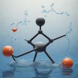 Create an image of a whimsical scene where creatures representing carbon molecules are seen triumphing over creatures that symbolize H2O. Let the dynamic interaction imply a playful scientific interaction.