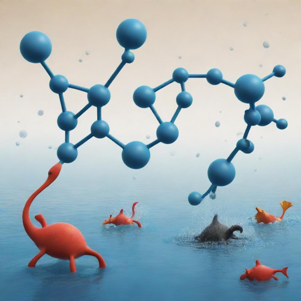 Create an image of a whimsical scene where creatures representing carbon molecules are seen triumphing over creatures that symbolize H2O. Let the dynamic interaction imply a playful scientific interaction.