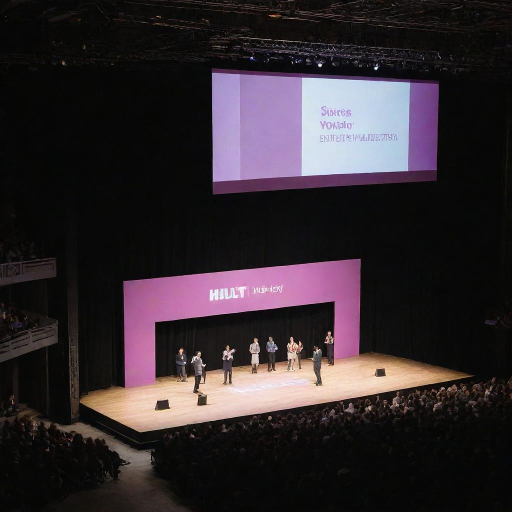 A grand stage for a HULT entrepreneurship competition announcement with a large, illuminated banner displaying the event's name, people gathering around, and dynamic, energetic atmosphere.