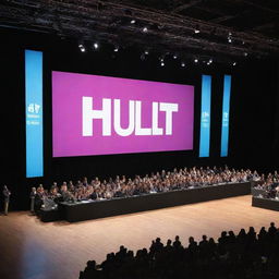 A grand stage for a HULT entrepreneurship competition announcement with a large, illuminated banner displaying the event's name, people gathering around, and dynamic, energetic atmosphere.