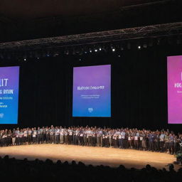 A grand stage for a HULT entrepreneurship competition announcement with a large, illuminated banner displaying the event's name, people gathering around, and dynamic, energetic atmosphere.