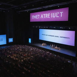 A grand stage for a HULT entrepreneurship competition announcement with a large, illuminated banner displaying the event's name, people gathering around, and dynamic, energetic atmosphere.