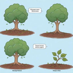 Generate a comic strip illustrating the process of photosynthesis with molecules as the characters. The plot should unfold with sunlight, water, and carbon dioxide molecules interacting and transforming, leading to creation of glucose and release of oxygen.