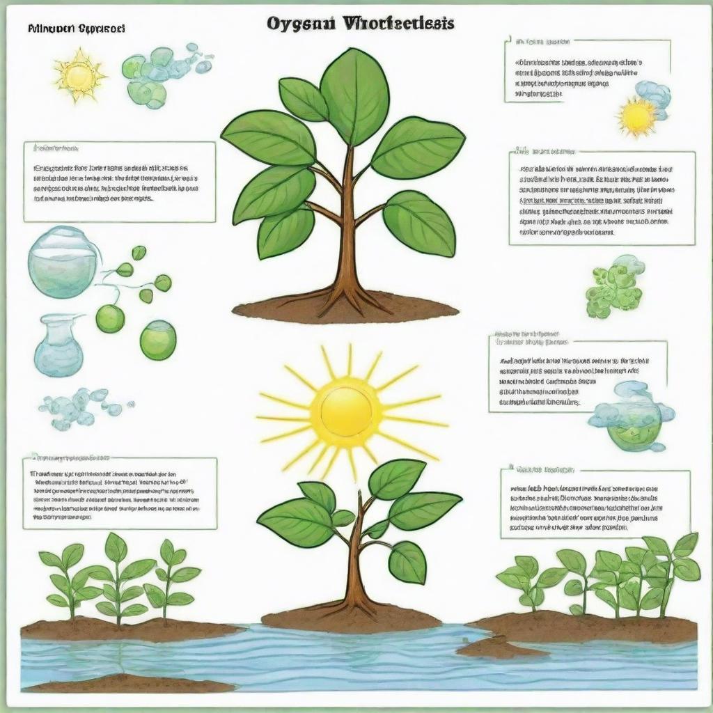 Generate a comic strip illustrating the process of photosynthesis with molecules as the characters. The plot should unfold with sunlight, water, and carbon dioxide molecules interacting and transforming, leading to creation of glucose and release of oxygen.