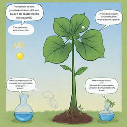 Generate a comic strip illustrating the process of photosynthesis with molecules as the characters. The plot should unfold with sunlight, water, and carbon dioxide molecules interacting and transforming, leading to creation of glucose and release of oxygen.