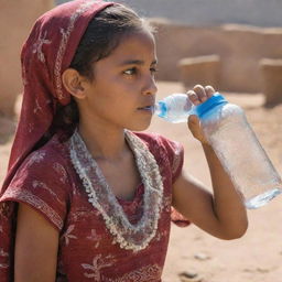 A young Harari girl dressed in traditional attire, quenching her thirst from a clear water bottle in the sunlit exterior.