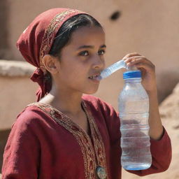 A young Harari girl dressed in traditional attire, quenching her thirst from a clear water bottle in the sunlit exterior.