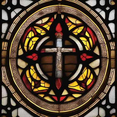The intricate torulose shapes of the stained glass window depicted a religious symbol in the church.