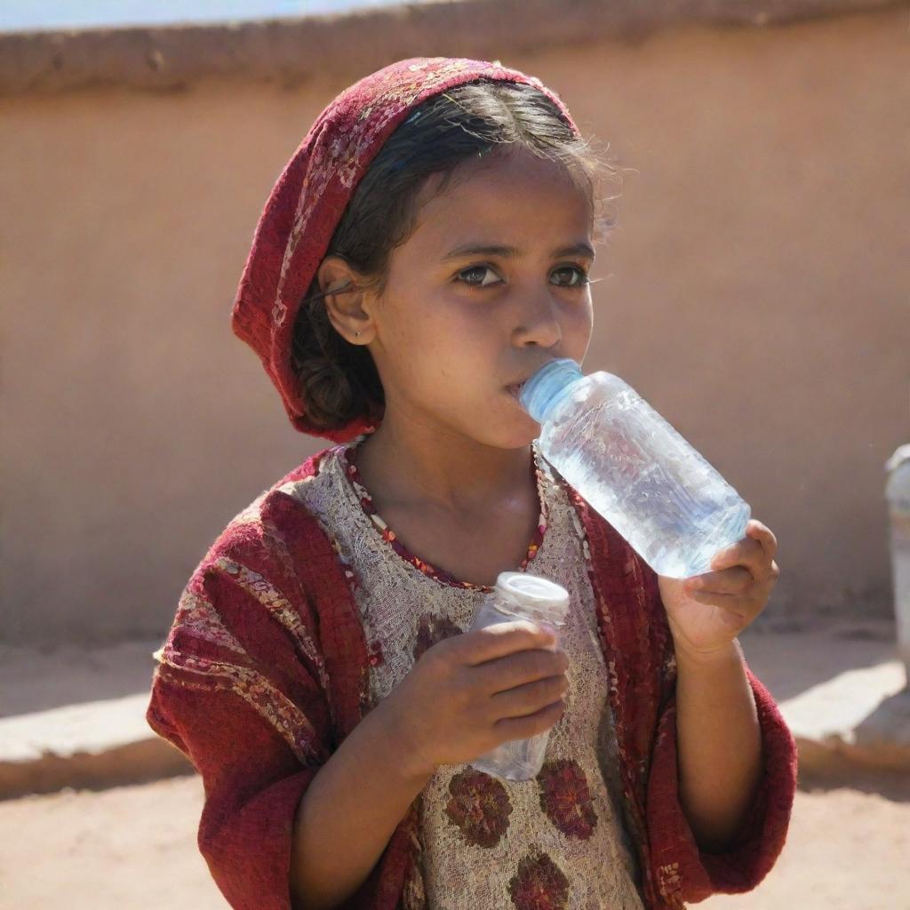 A young Harari girl dressed in traditional attire, quenching her thirst from a clear water bottle in the sunlit exterior.