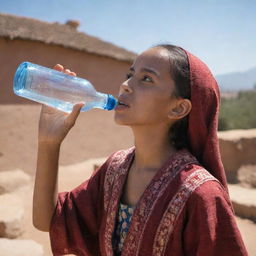 A young Harari girl dressed in traditional attire, quenching her thirst from a clear water bottle in the sunlit exterior.