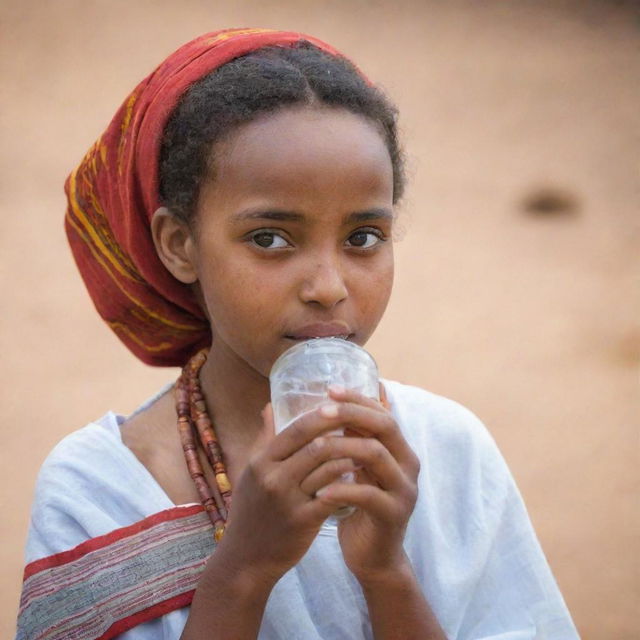 Portrait of an Ethiopian girl in traditional clothing, quenching her thirst with a glass of clean water.