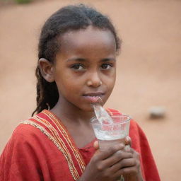 Portrait of an Ethiopian girl in traditional clothing, quenching her thirst with a glass of clean water.