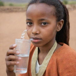 Portrait of an Ethiopian girl in traditional clothing, quenching her thirst with a glass of clean water.