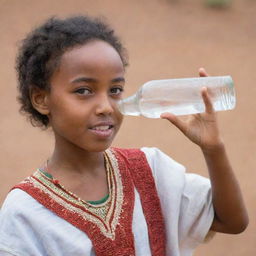 Portrait of an Ethiopian girl in traditional clothing, quenching her thirst with a glass of clean water.