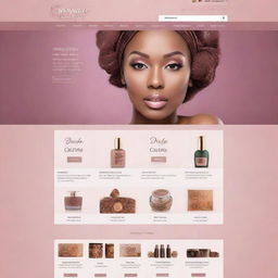 Homepage of an online cosmetics shop, featuring 3 main menus with 4 sub-menus each, in varying shades of a single color. Incorporating creative facets, captivating English text in eye-catching fonts, and specific imagery relevant to Nigeria.