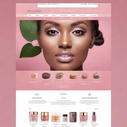 Homepage of an online cosmetics shop, featuring 3 main menus with 4 sub-menus each, in varying shades of a single color. Incorporating creative facets, captivating English text in eye-catching fonts, and specific imagery relevant to Nigeria.