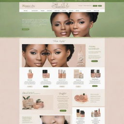 Homepage of an online cosmetics shop, featuring 3 main menus with 4 sub-menus each, in varying shades of a single color. Incorporating creative facets, captivating English text in eye-catching fonts, and specific imagery relevant to Nigeria.