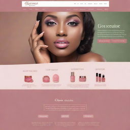 Homepage of an online cosmetics shop, featuring 3 main menus with 4 sub-menus each, in varying shades of a single color. Incorporating creative facets, captivating English text in eye-catching fonts, and specific imagery relevant to Nigeria.