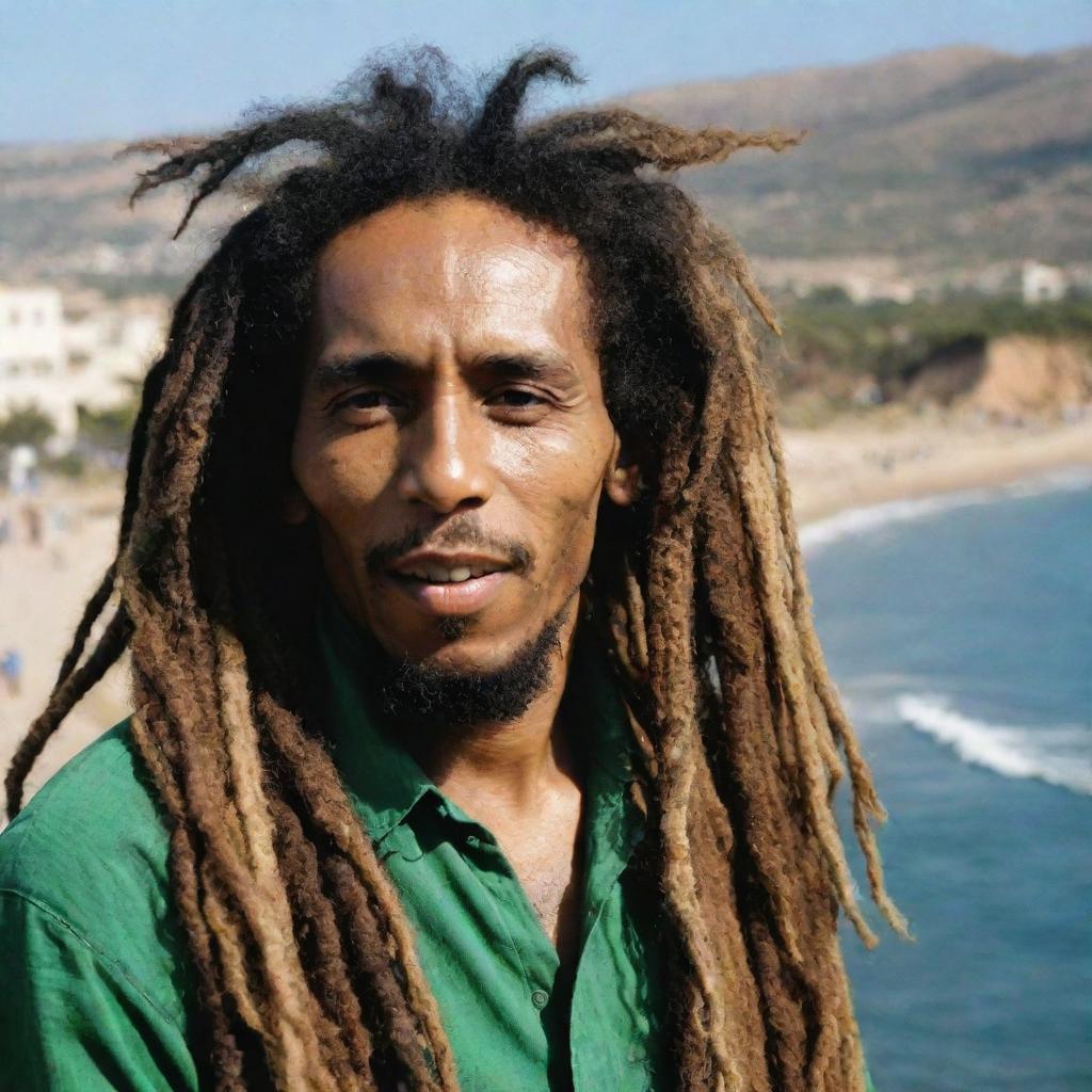 Bob Marley in Zeralda. Capture the reggae legend in the scenic coastal municipality of Zeralda, Algeria. His vibrant dreads, musical energy, and iconic attire are on full display against an idyllic, Mediterranean backdrop.