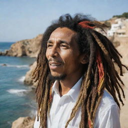 Bob Marley in Zeralda. Capture the reggae legend in the scenic coastal municipality of Zeralda, Algeria. His vibrant dreads, musical energy, and iconic attire are on full display against an idyllic, Mediterranean backdrop.