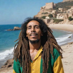 Bob Marley in Zeralda. Capture the reggae legend in the scenic coastal municipality of Zeralda, Algeria. His vibrant dreads, musical energy, and iconic attire are on full display against an idyllic, Mediterranean backdrop.