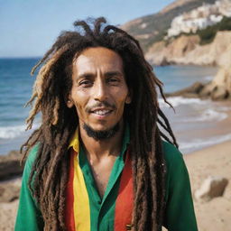 Bob Marley in Zeralda. Capture the reggae legend in the scenic coastal municipality of Zeralda, Algeria. His vibrant dreads, musical energy, and iconic attire are on full display against an idyllic, Mediterranean backdrop.