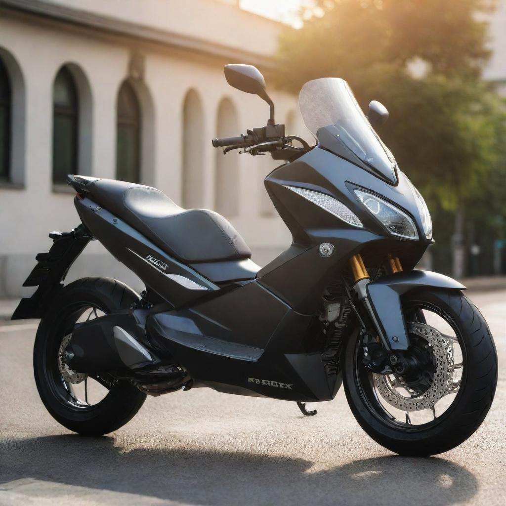 A sleek Aerox motorcycle gleaming in the sunlight. It features a high-quality finish, intricate details, and a powerful presence.