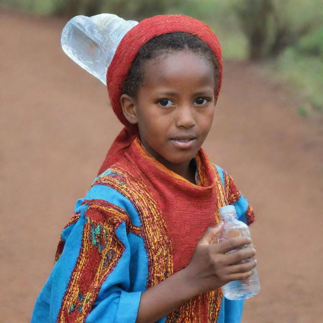 A girl from the Harari region of Ethiopia quenching her thirst with a bottle of 'AQU uno' water, dressed in traditional attire.