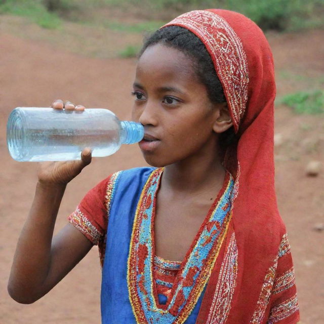 A girl from the Harari region of Ethiopia quenching her thirst with a bottle of 'AQU uno' water, dressed in traditional attire.