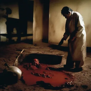 The horror movie depicted a terrifying scene where a deranged caretaker uses human blood to fertilize the cursed soil.