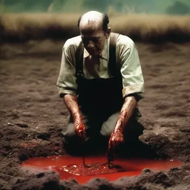 The horror movie depicted a terrifying scene where a deranged caretaker uses human blood to fertilize the cursed soil.