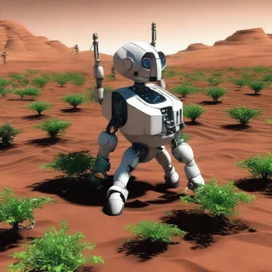 In the science fiction story, advanced robots are programmed to automatically fertilize crops on Martian colonies, ensuring sustainable food production.