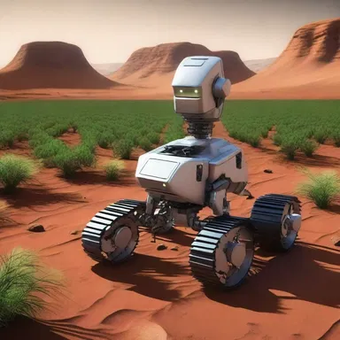 In the science fiction story, advanced robots are programmed to automatically fertilize crops on Martian colonies, ensuring sustainable food production.
