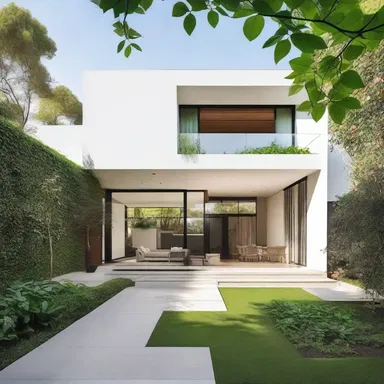 The lush garden surrounding the modern minimalist house has been strategically placed to fertilize the overall aesthetic and create a harmonious atmosphere.