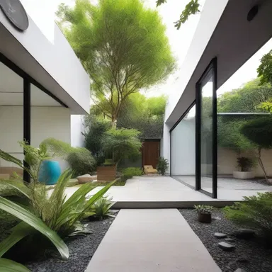 The lush garden surrounding the modern minimalist house has been strategically placed to fertilize the overall aesthetic and create a harmonious atmosphere.