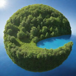 Imagine and generate an image of a fictional world that exists within the process of photosynthesis. This world should contain representations of sunlight, water, carbon dioxide and oxygen, visualizing their interactions in a unique and creative way.
