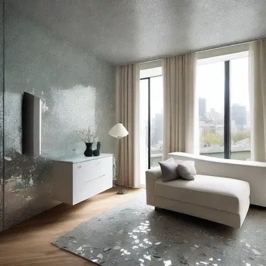 The designer adorned the room with shattered glass fragments to create a unique and contemporary look.