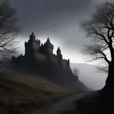 The old, haunted castle stood on a lofty hill, casting an eerie shadow over the village.