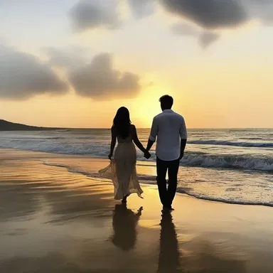 The couple took a stroll along the beach, their eyes fixed on the lofty sunset, feeling their love grow stronger.