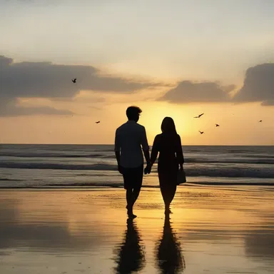 The couple took a stroll along the beach, their eyes fixed on the lofty sunset, feeling their love grow stronger.