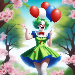 A high-quality digital art piece features a beautiful girl in vibrant clown makeup of green, blue, red, and white