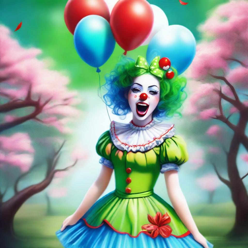 A high-quality digital art piece features a beautiful girl in vibrant clown makeup of green, blue, red, and white